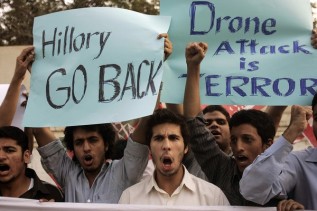 Students in Lahore, Pakistan, protest against the visit of U.S. Secretary of State Hillary Clinton. (K.M. Chaudary/AP Photo/October 29, 2009)