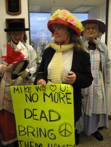 Three Grannies occupy Honda's office: photo by Ruth Robertson