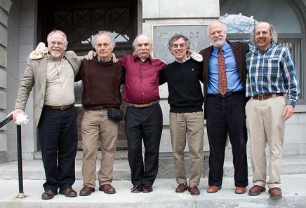 Acquittal in Maine: Standing in front of the Penobscot County Courthouse while the jury deliberated their fate are, from left to right: Doug Rawlings, Henry Braun, Jimmy Freeman, Dud Hendrick, Rob Shetterly and Jonathan Kreps. (Photo: Kelly Bellis)